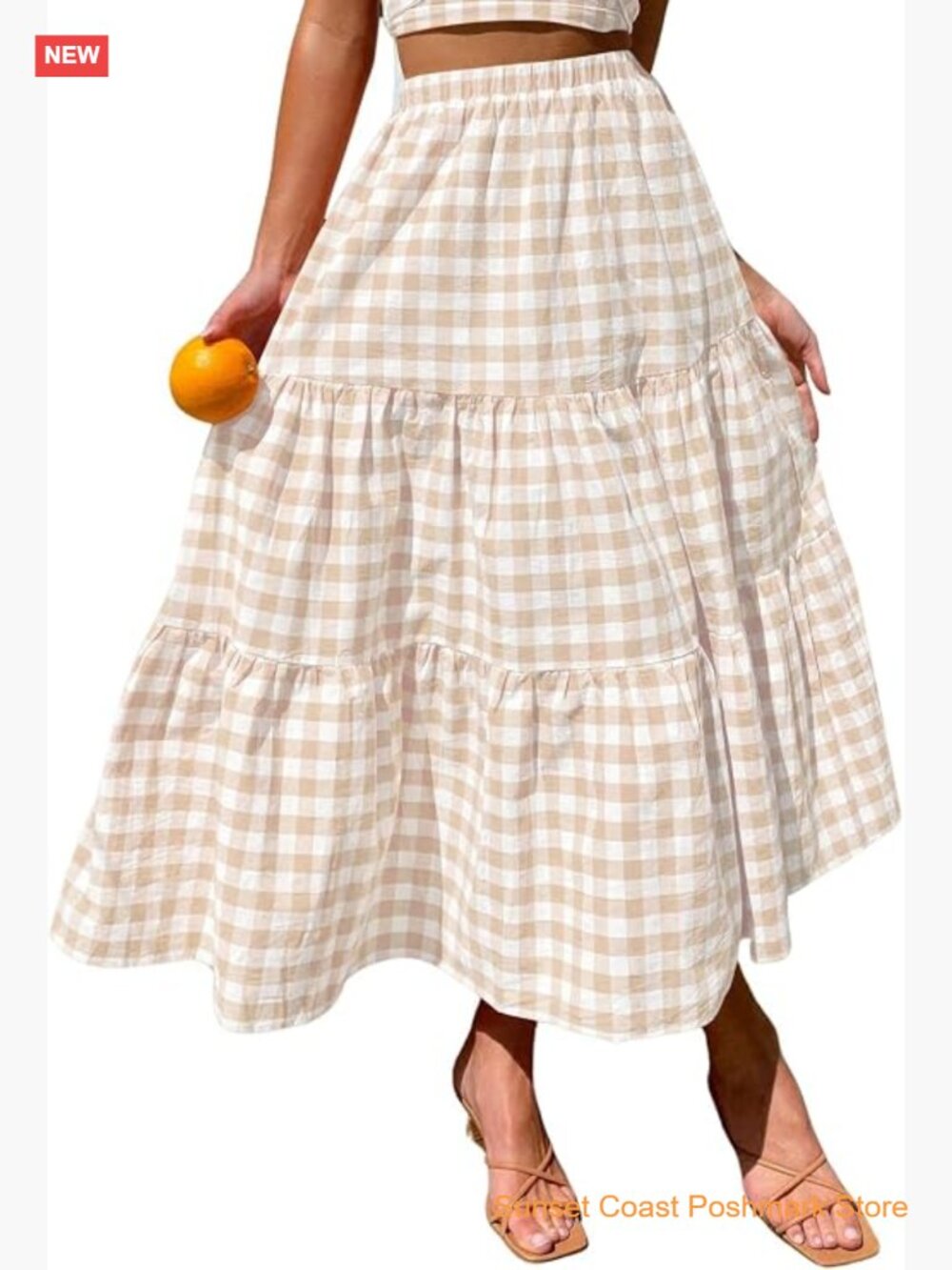 100% Cotton Gingham Tiered Maxi Skirt with Pockets Elastic High Waist Boho
